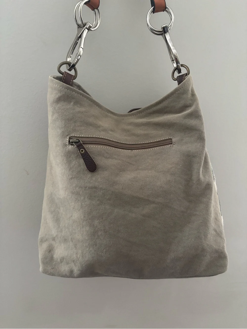Myra Brown Leather & Ivory Patterned Hobo Canvas Crossbody Shoulder Bag